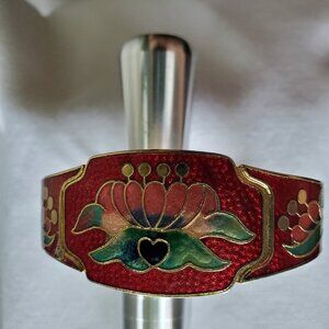 Vintage Red Enamel /Gold Tone Cloisonné Hinged Clamper Bracelet